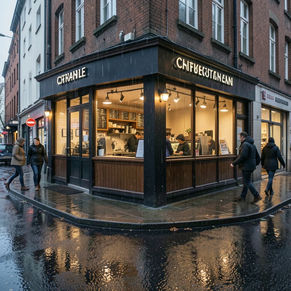 Rainy Scandinavian coffee kiosk generated with FLUX.2 Klein 4B